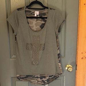 Dolled Up Olive Camouflage Cross Studded Tee